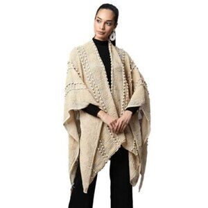NWT Pretty Persuasions luxurious cream pompom kimono cape wrap One Size